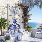Casa Padrino Luxus Barock Keramik Wandgemälde Creme / Blau / Gelb / Lila H. 280 cm - Mosaik Fliesen Gemälde