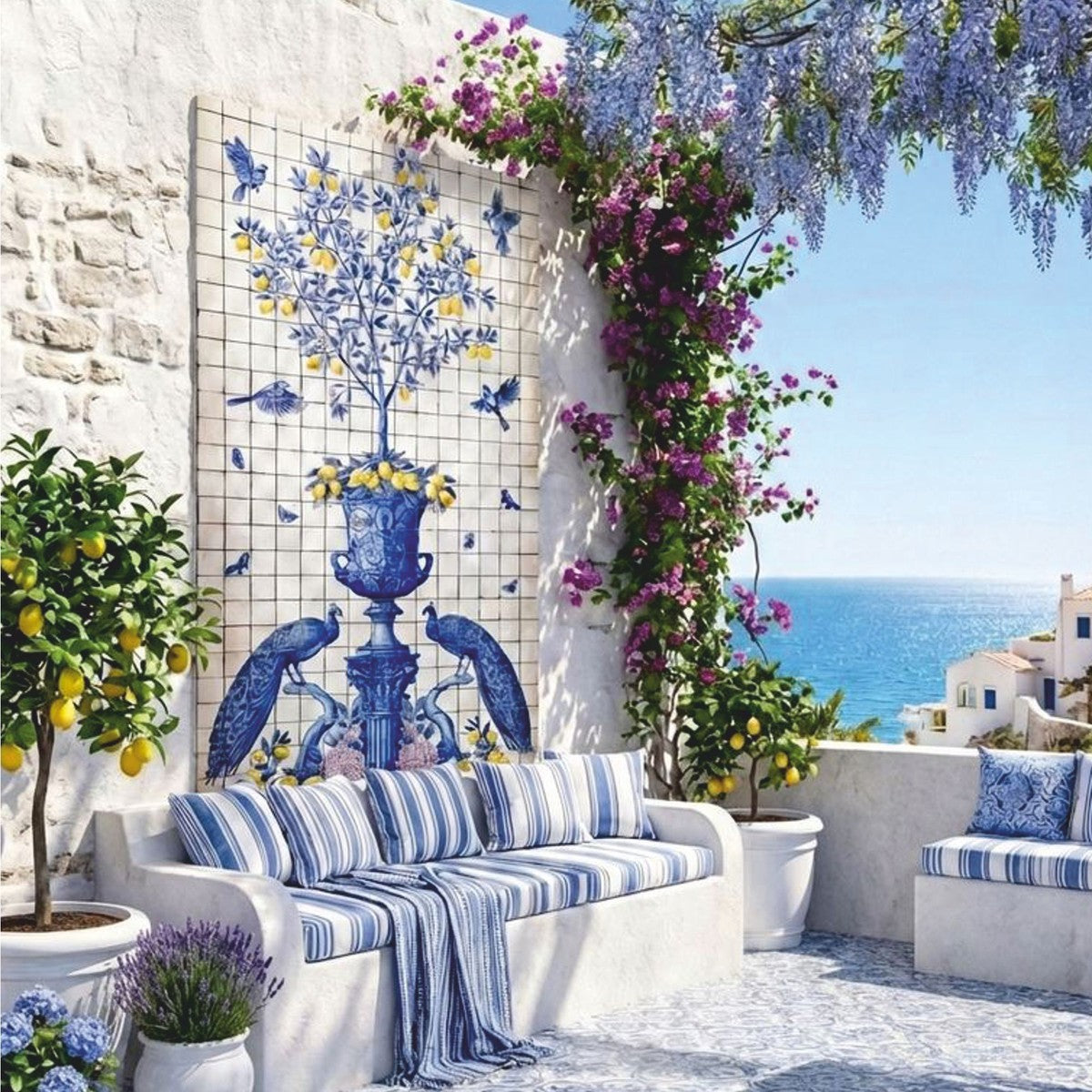 Casa Padrino Luxus Barock Keramik Wandgemälde Creme / Blau / Gelb / Lila H. 280 cm - Mosaik Fliesen Gemälde