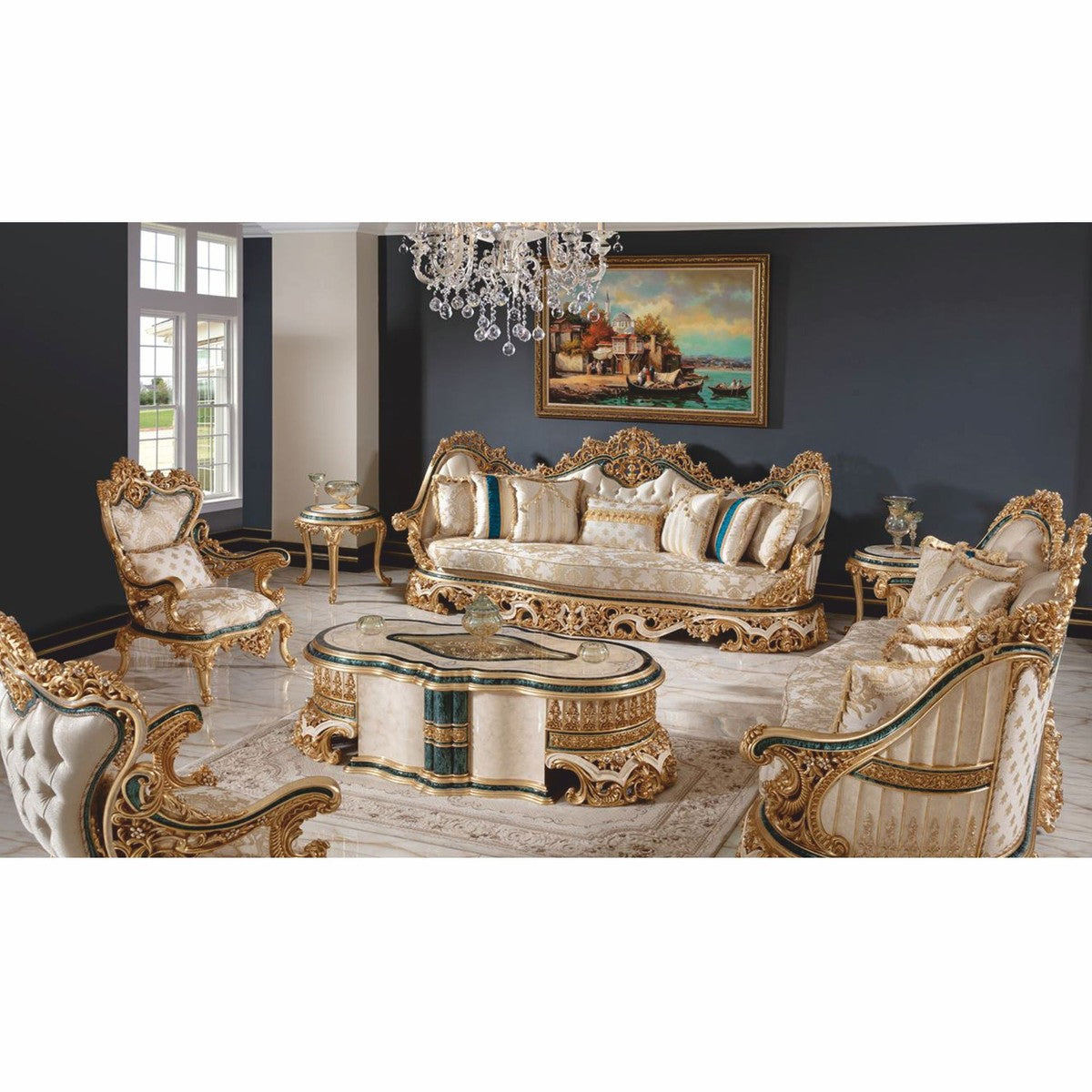 Casa Padrino Luxus Barock Sessel Weiß / Grün / Gold - Barock Wohnzimmer & Hotel Sessel - Prunkvolle Barock Möbel