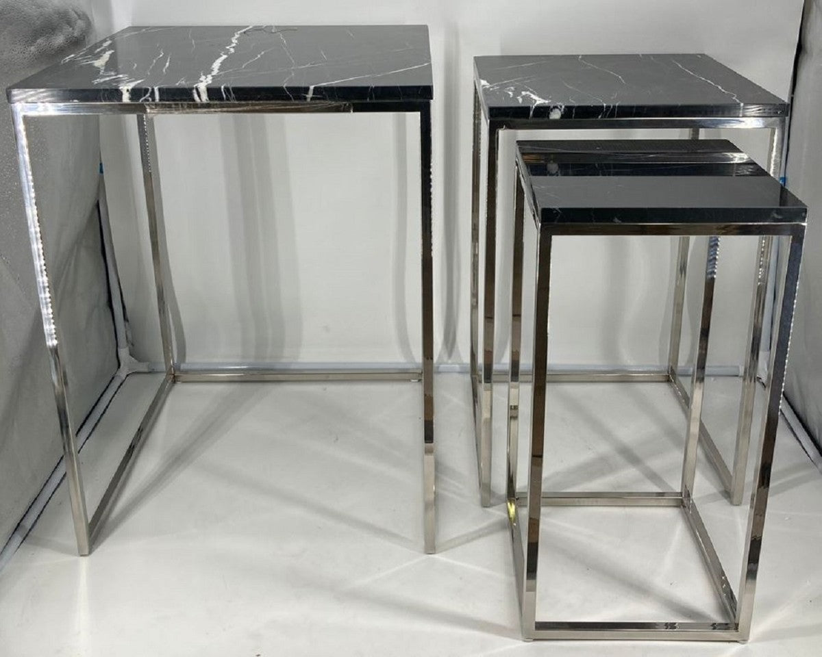 Casa Padrino Luxus Beistelltisch 3er Set Silber / Schwarz - Edelstahl Tische mit Marmorplatte - Wohnzimmer Möbel - Luxus Kollektion