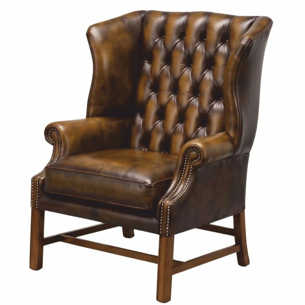 Casa Padrino Luxus Chesterfield Leder Ohrensessel Antik Braun / Braun H. 113 cm - Echtleder Möbel