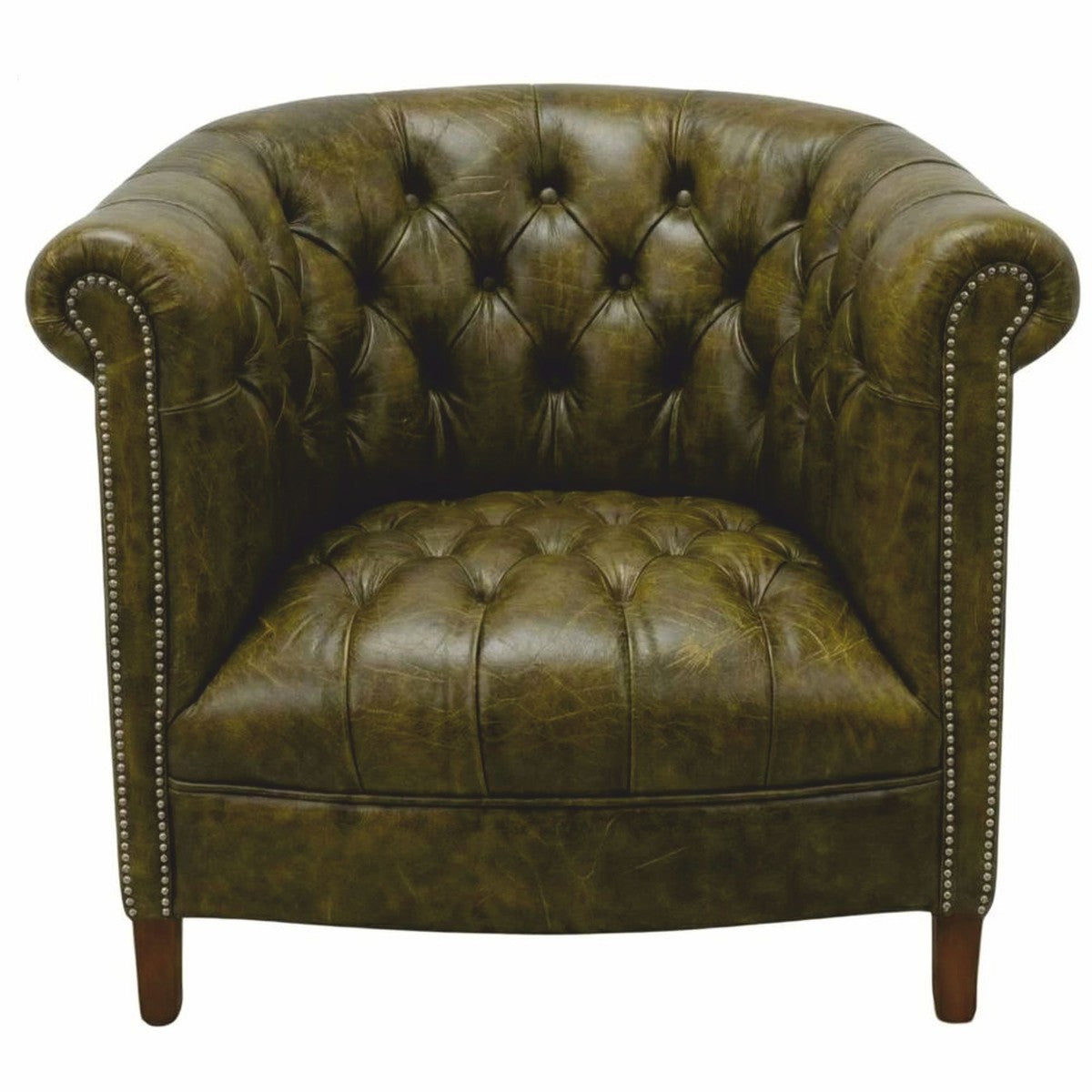 Casa Padrino Luxus Chesterfield Leder Sessel Moosgrün / Dunkelbraun 76 cm - Echtleder Möbel