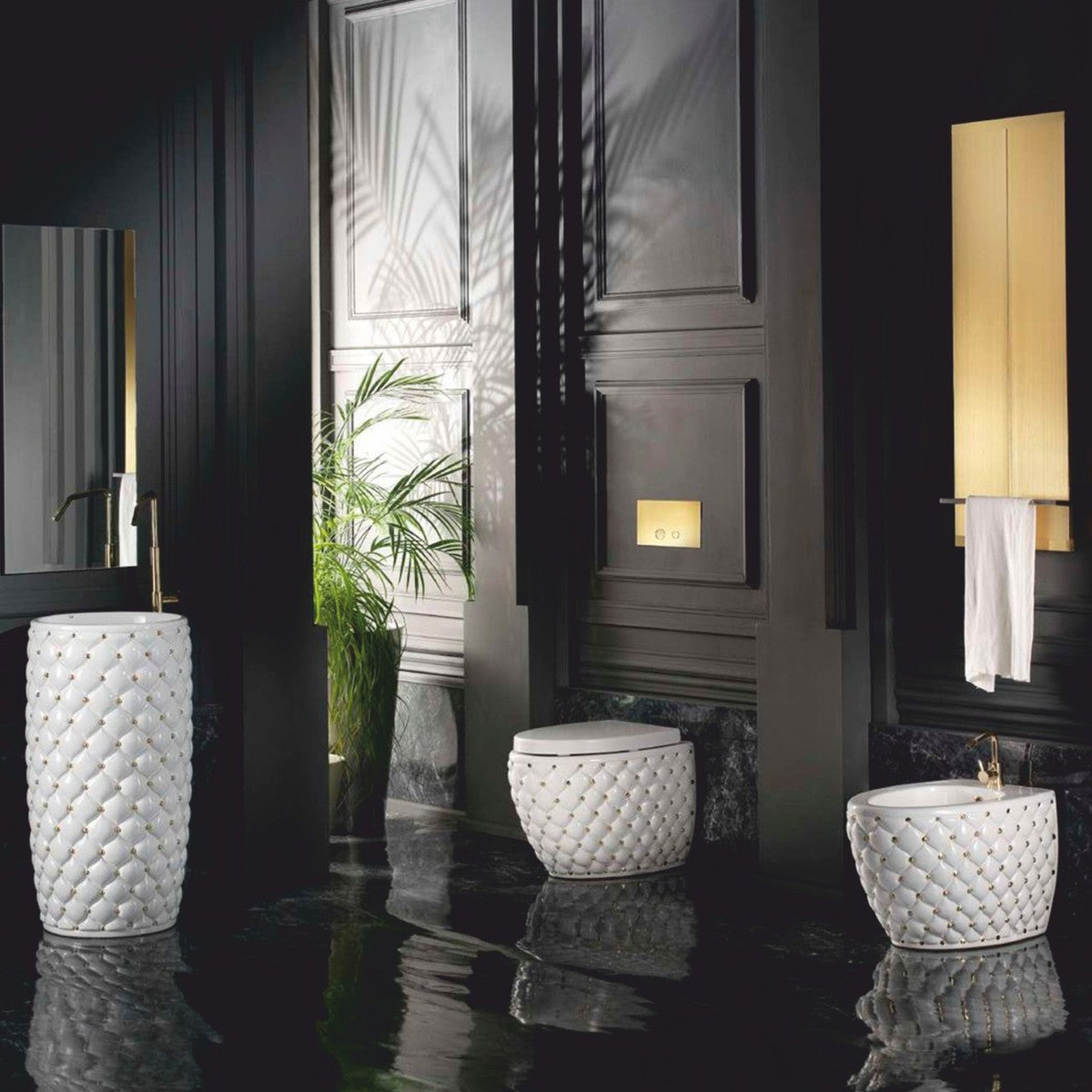 Casa Padrino Luxus WC Hochglanz Weiß / Gold 42 x 58 x H. 39 cm - Luxus Badezimmer Zubehör - Made in Italy