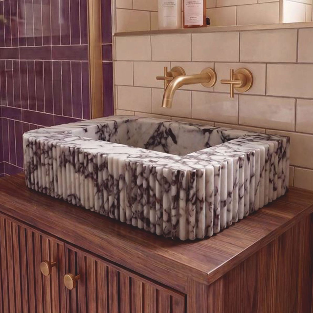 Casa Padrino Luxus Carrara Marmor Waschbecken Weiß / Lila 80 cm - Badezimmer Accessoires