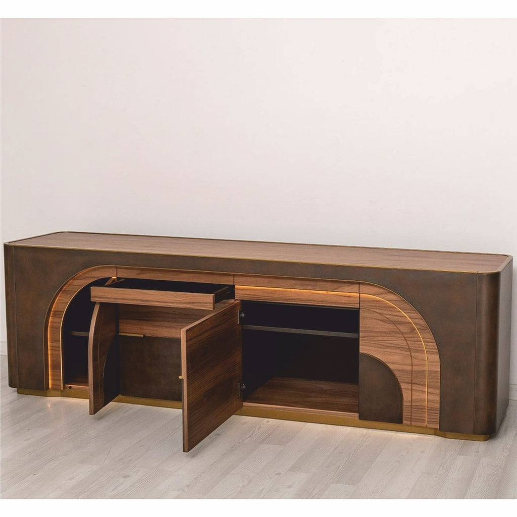 Casa Padrino Luxus Sideboard mit 4 Türen und 2 Schubladen Braun / Grau / Messing 226,5 cm - Luxus Möbel