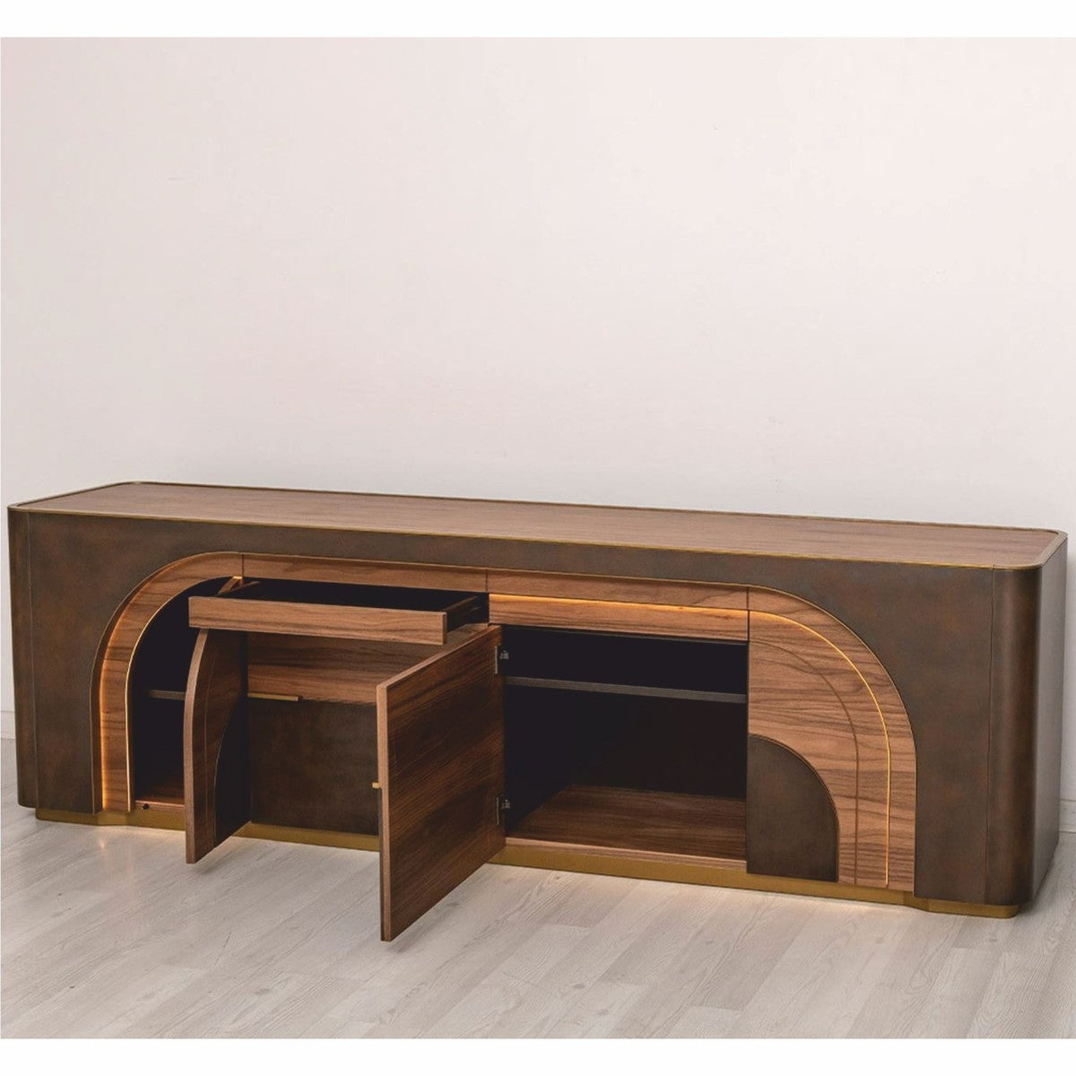 Casa Padrino Luxus Sideboard mit 4 Türen und 2 Schubladen Braun / Grau / Messing 226,5 cm - Luxus Möbel
