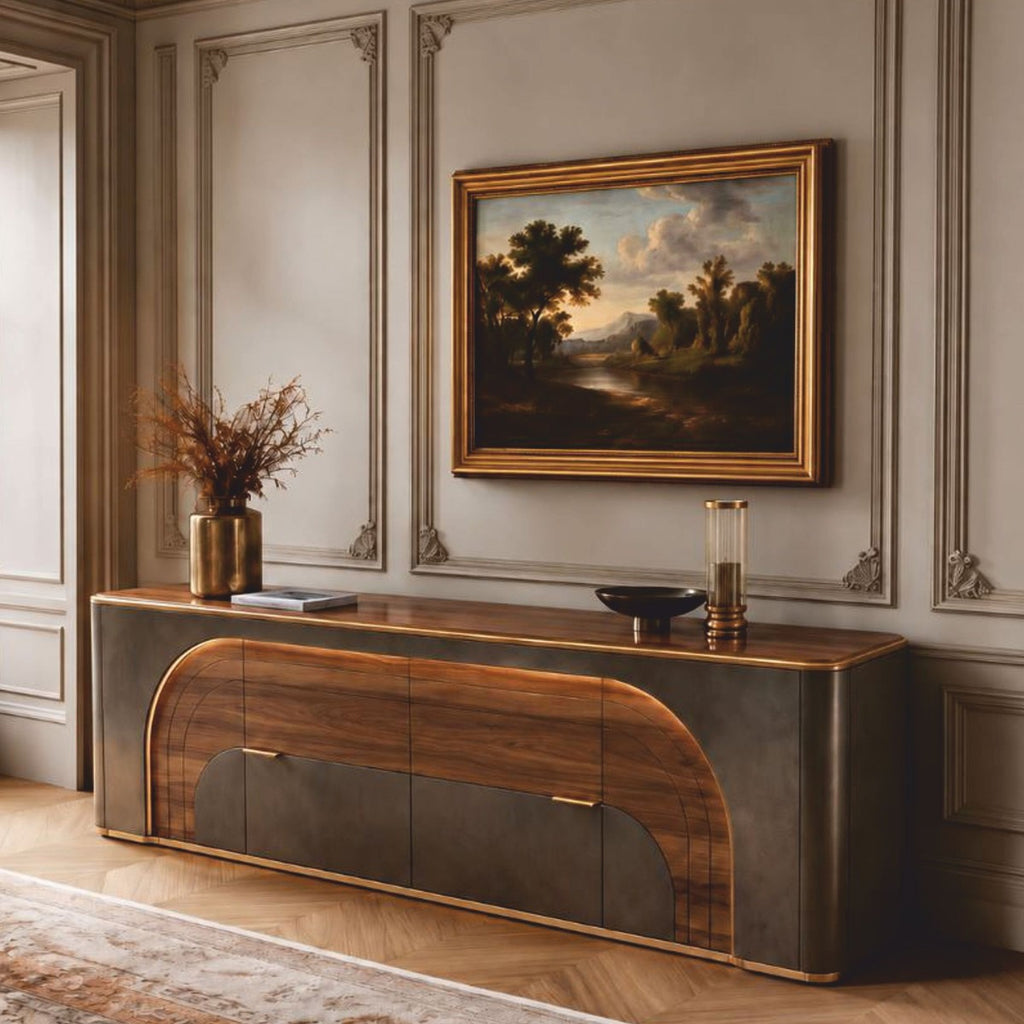 Casa Padrino Luxus Sideboard mit 4 Türen und 2 Schubladen Braun / Grau / Messing 226,5 cm - Luxus Möbel