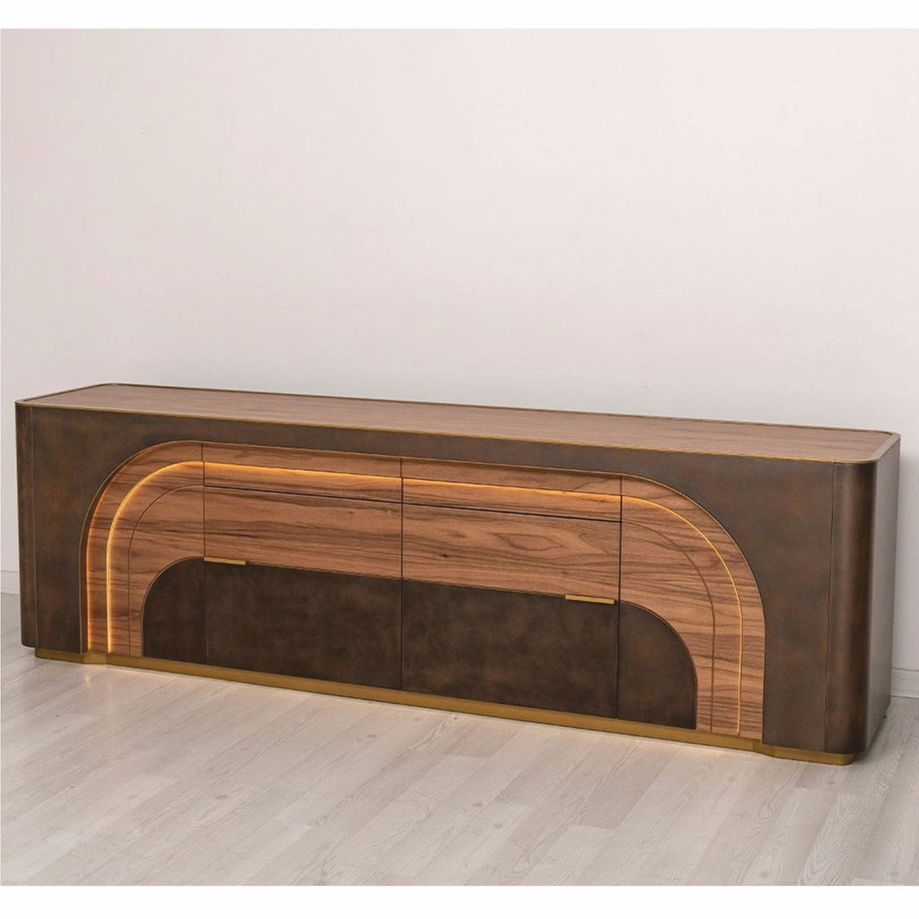 Casa Padrino Luxus Sideboard mit 4 Türen und 2 Schubladen Braun / Grau / Messing 226,5 cm - Luxus Möbel