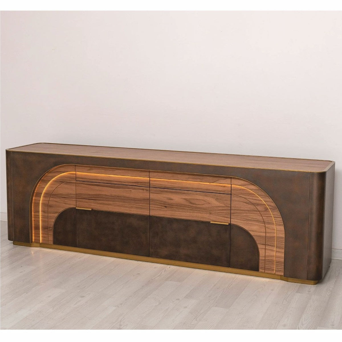 Casa Padrino Luxus Sideboard mit 4 Türen und 2 Schubladen Braun / Grau / Messing 226,5 cm - Luxus Möbel