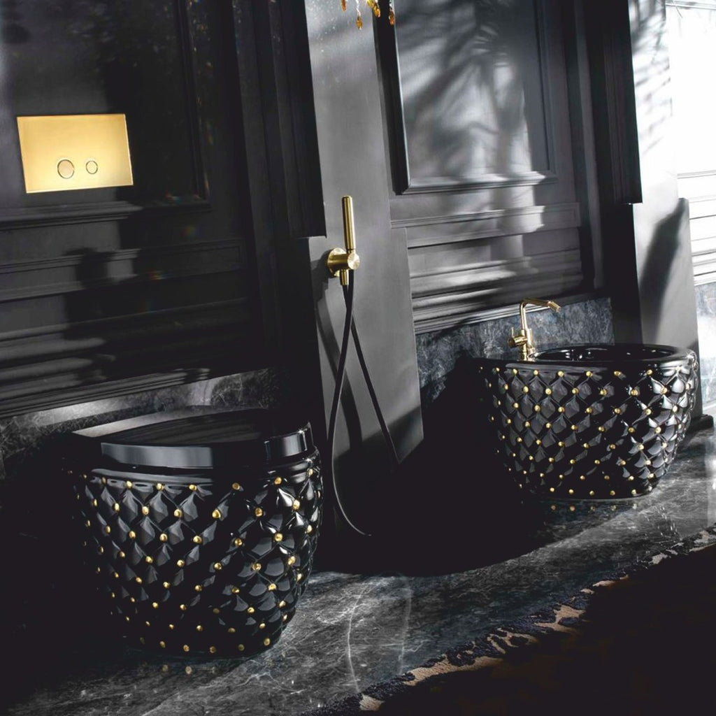 Casa Padrino Luxus WC Hochglanz Schwarz / Gold 42 x 58 x H. 39 cm - Luxus Badezimmer Zubehör - Made in Italy