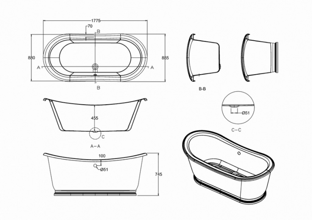 Casa Padrino freistehende Retro Badewanne Modell BAdm180 in Weiß, 1800 x 885 x 745 mm