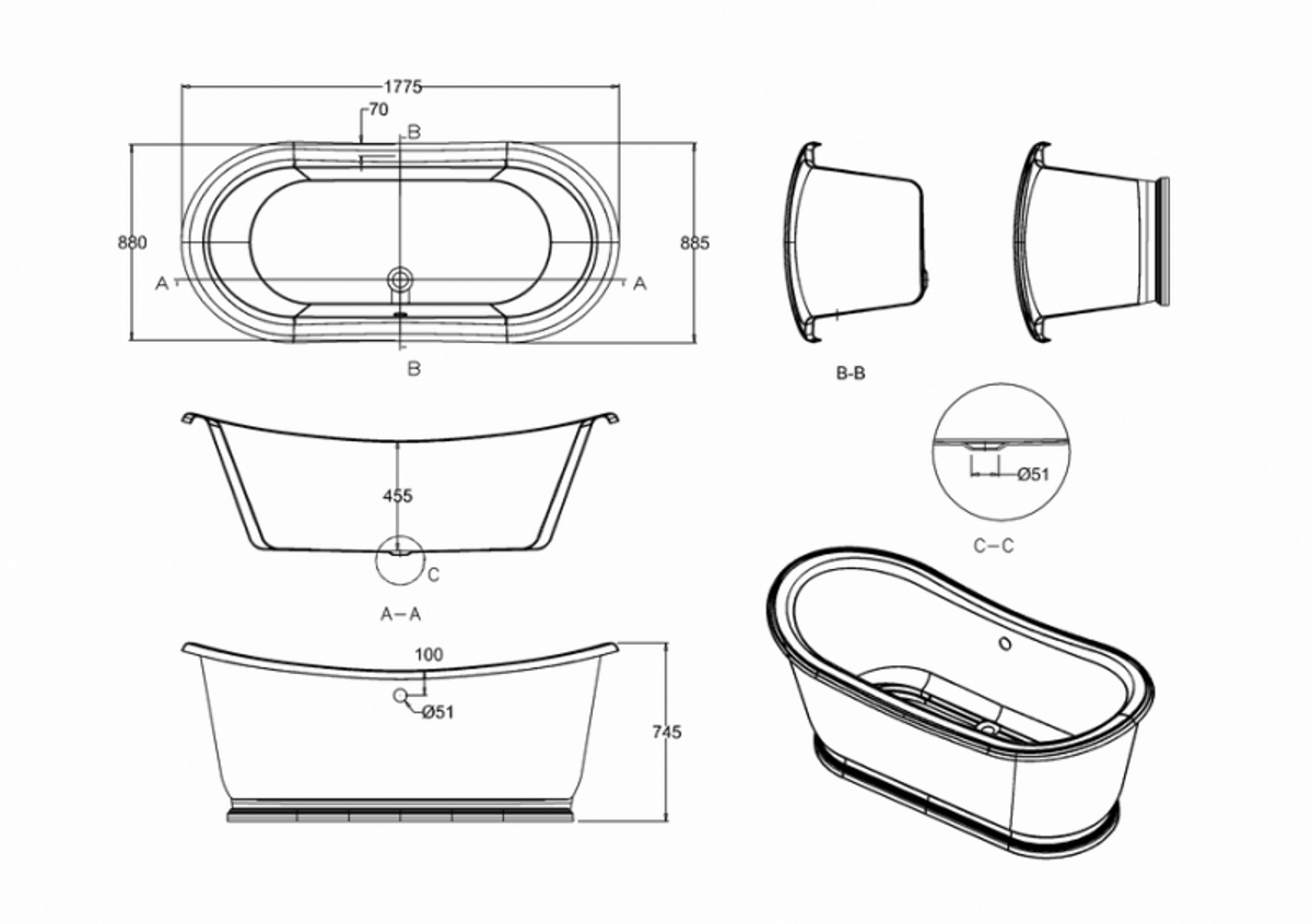 Casa Padrino freistehende Retro Badewanne Modell BAdm180 in Weiß, 1800 x 885 x 745 mm