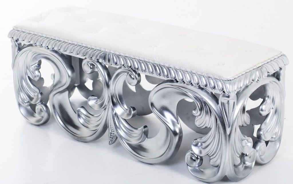 Casa Padrino Barock Luxus Sitzbank Lafayette aus massivem Eichenholz in Silber und Creme, 120 x 50 x 55 cm
