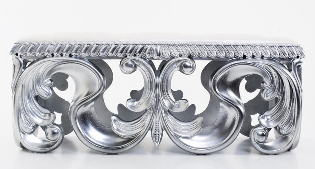 Casa Padrino Barock Luxus Sitzbank Lafayette aus massivem Eichenholz in Silber und Creme, 120 x 50 x 55 cm