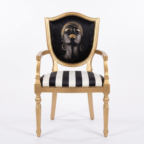 Casa Padrino Art Deco Esszimmer Stuhl mit Armlehnen Schwarz / Weiß / Gold - Stuhl mit Portrait Motiv (KI Studio)