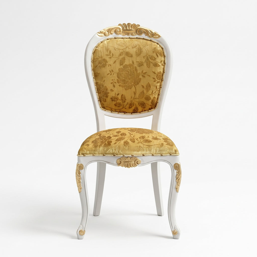 Casa Padrino Luxus Barock Esszimmer Stuhl mit elegantem Muster Gold / Weiß / Gold - Esszimmer Möbel im Barockstil - Luxus Möbel im Barockstil - Barock Möbel - Barock Interior (KI Studio)