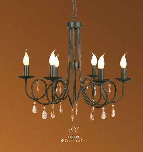 Casa Padrino Barock Hängeleuchter 6-armig in Schwarz mit Deko Kristallen - 62 cm Durchmesser - Luxus Deckenleuchte