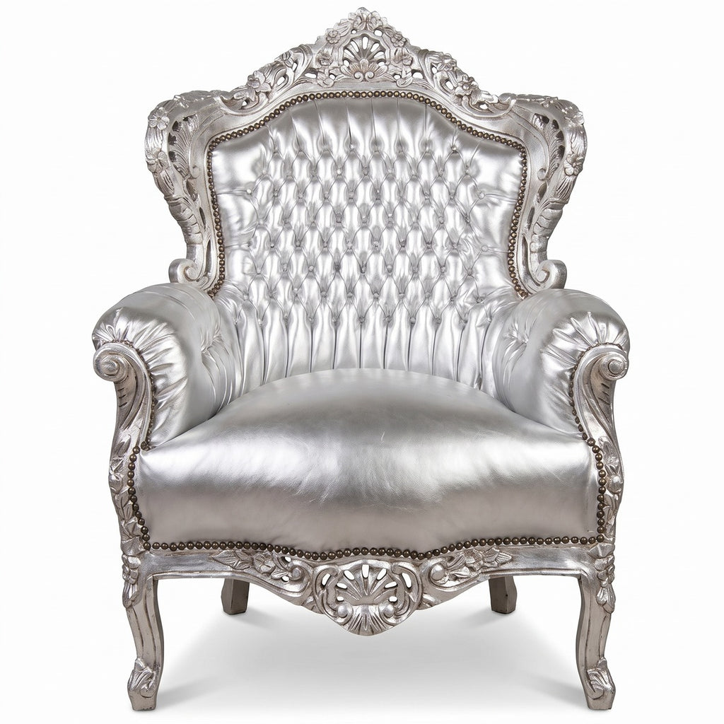 Casa Padrino Barock Sessel King im Antik Stil Silber / Silber Lederoptik - 120 x 85 x 85 cm (KI Studio)