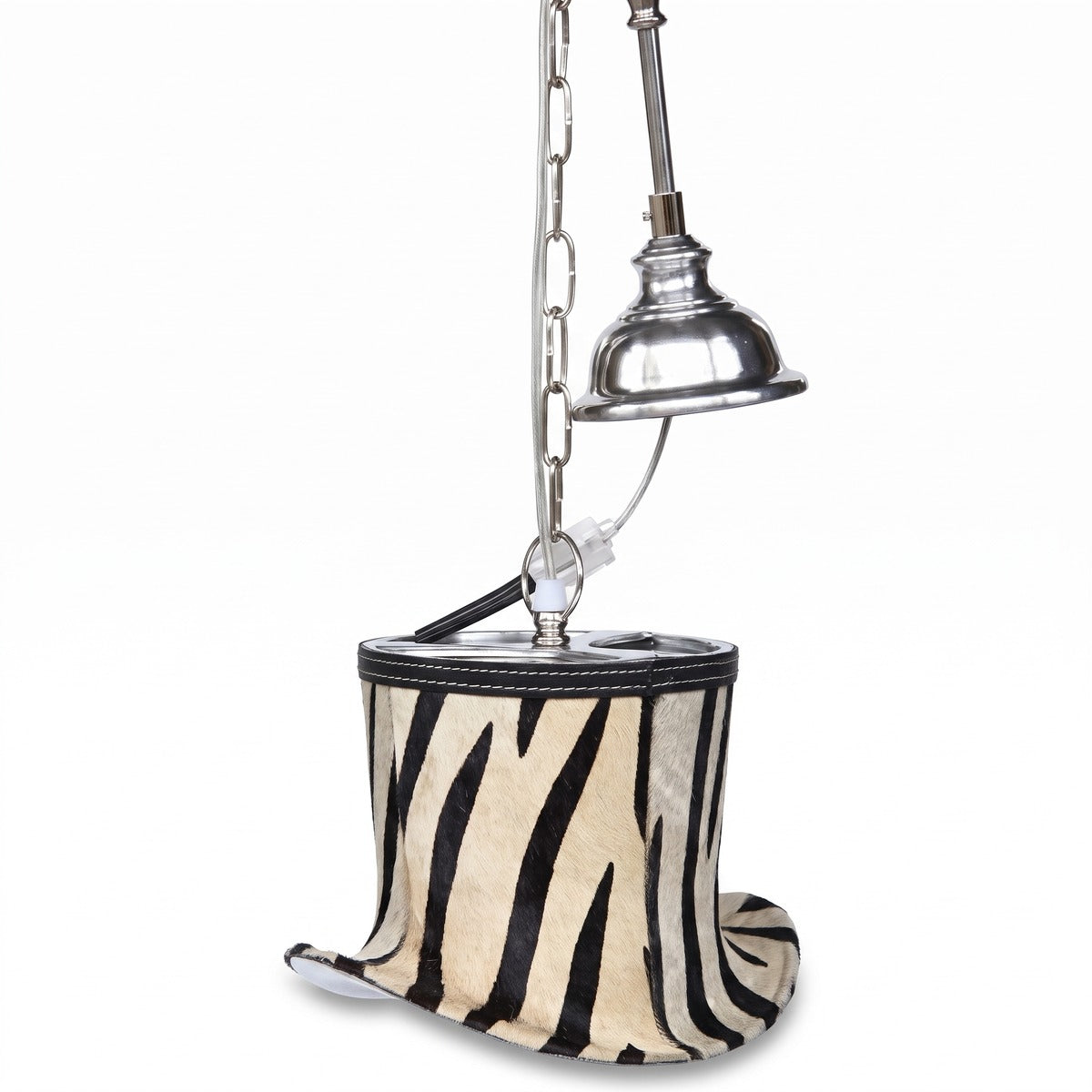 Casa Padrino Designer Hängeleuchte Schwarz / Weiß / Silber 26 x 21 x H. 18 cm - Pendelleuchte mit dekorativem Hut Lampenschirm im Zebra Look (KI Studio)