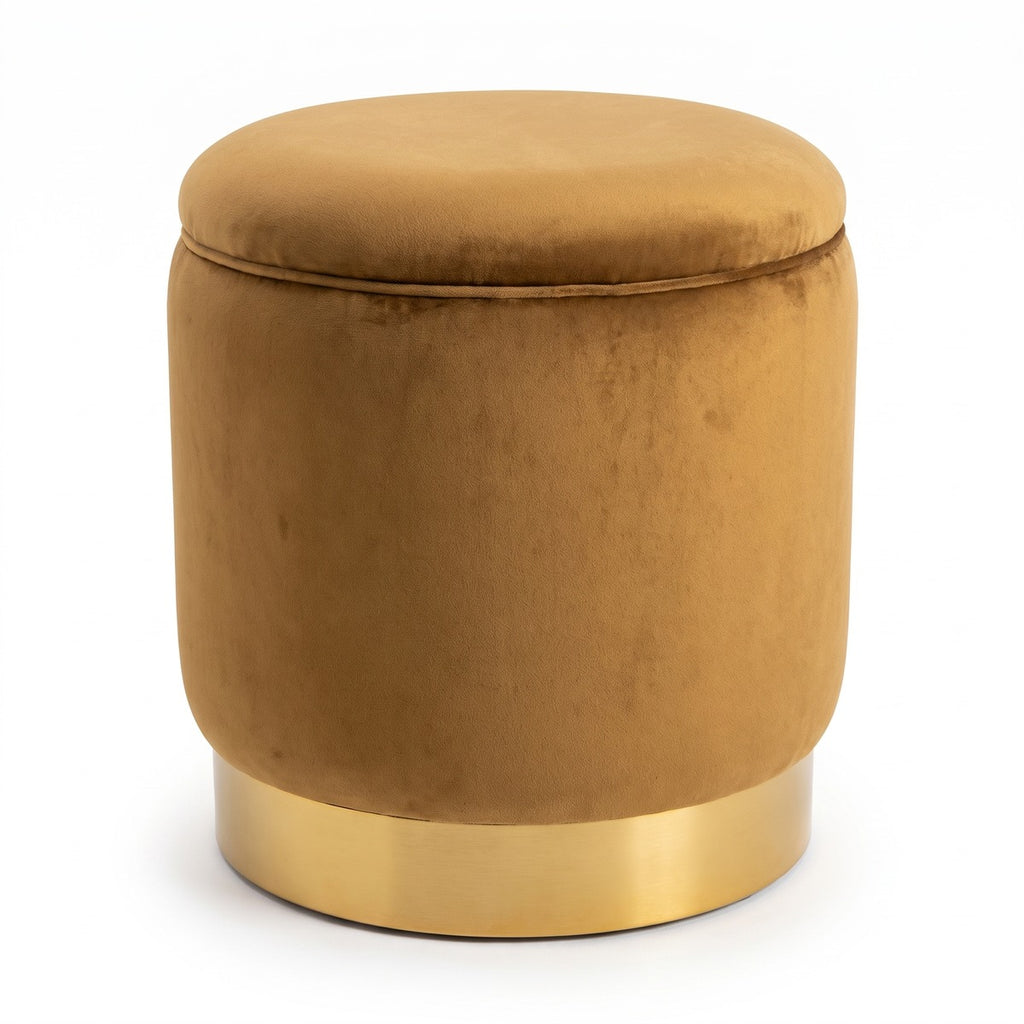 Casa Padrino Luxus Sitzhocker Ocker / Gold Ø 41 x H. 43 cm - Runder Samt Hocker mit Deckel und Stauraum - Wohnzimmer Möbel (KI Studio)