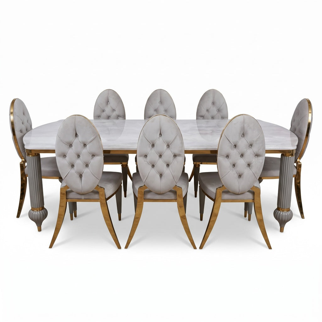 Casa Padrino Luxus Art Deco Esszimmer Set Weiß / Grau / Gold - 1 Art Deco Esstisch mit Kunstmarmor Tischplatte & 8 Art Deco Esszimmerstühle - Prunkvolle Art Deco Esszimmer Möbel - Luxus Qualität (KI Studio)