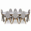 Casa Padrino Luxus Art Deco Esszimmer Set Weiß / Grau / Gold - 1 Art Deco Esstisch mit Kunstmarmor Tischplatte & 8 Art Deco Esszimmerstühle - Prunkvolle Art Deco Esszimmer Möbel - Luxus Qualität (KI Studio)