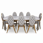 Casa Padrino Luxus Art Deco Esszimmer Set Weiß / Grau / Gold - 1 Art Deco Esstisch mit Kunstmarmor Tischplatte & 8 Art Deco Esszimmerstühle - Prunkvolle Art Deco Esszimmer Möbel - Luxus Qualität (KI Studio)