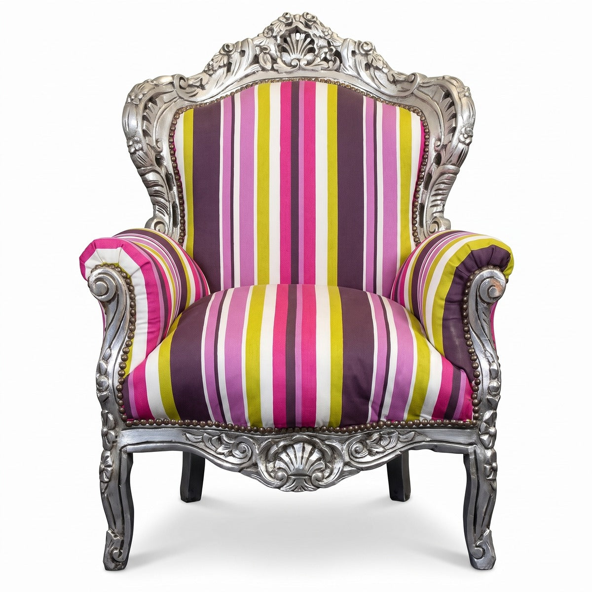 Casa Padrino Barock Sessel mit Streifen Mehrfarbig / Silber - Handgefertigter Massivholz Wohnzimmer Sessel - Antik Stil Wohnzimmer Sessel - Barock Wohnzimmer Möbel - Ausstellungsstück! (KI Studio)