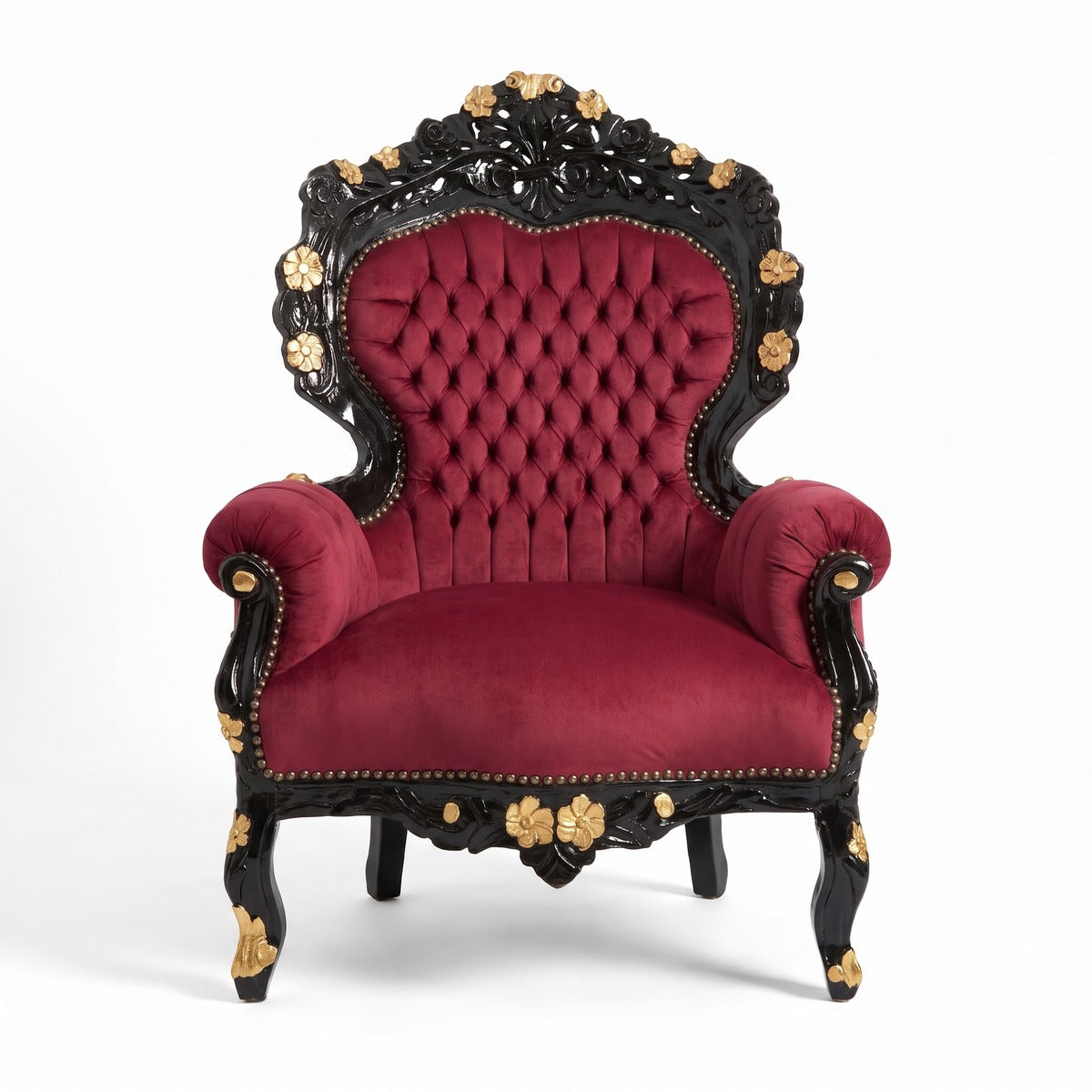 Casa Padrino Barock Wohnzimmer Sessel Bordeauxrot / Schwarz / Gold - Handgefertigter Antik Stil Wohnzimmer Sessel mit edlem Satinstoff - Wohnzimmer Möbel - Barock Möbel - Edel & Prunkvoll (KI Studio)