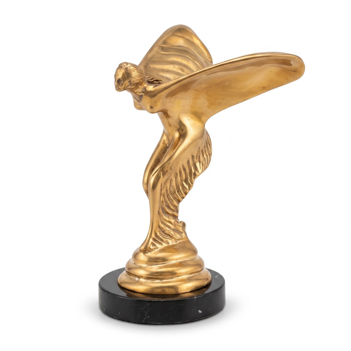 Casa Padrino Luxus Bronze Skulptur Spirit of Ecstasy Frau mit Flügeln Gold / Schwarz 15 x 15 x H. 21 cm - Edle Bronzefigur mit Marmorsockel - Schreibtisch Deko - Luxus Deko - Deko Accessoires (KI Studio)