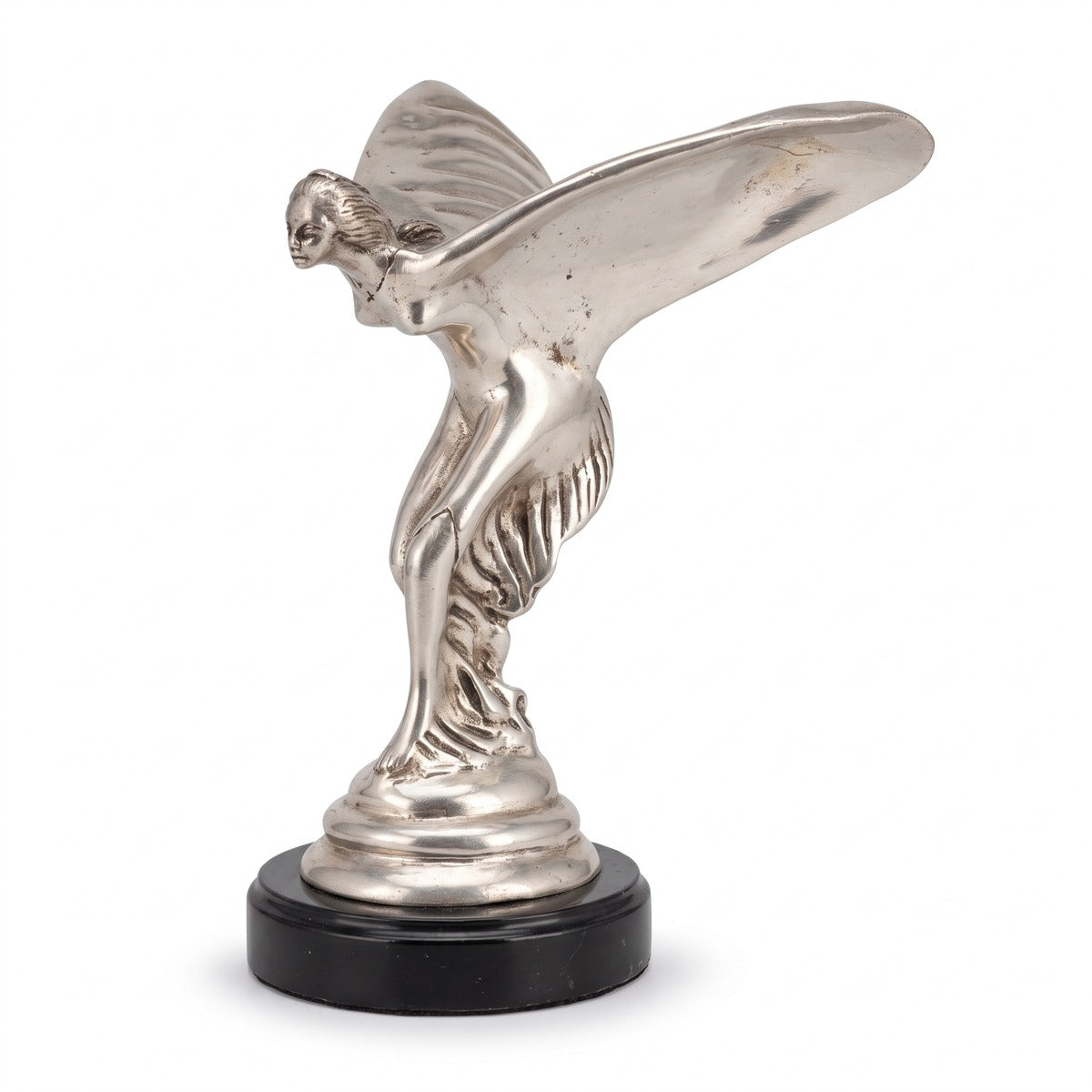 Casa Padrino Luxus Bronze Skulptur Spirit of Ecstasy Frau mit Flügeln Silber / Schwarz 15 x 15 x H. 21 cm - Edle Bronzefigur mit Marmorsockel - Schreibtisch Deko - Luxus Deko - Deko Accessoires (KI Studio)