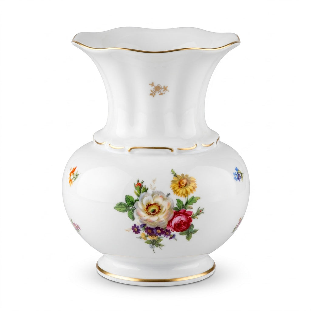 Casa Padrino Luxus Barock Porzellan Vase Weiß / Mehrfarbig / Gold H. 23 cm - Runde Blumenvase im Barockstil - Luxus Barock Accessoires - Reichenbach Porzellan - Luxus Qualität - Made in Germany (KI Studio)