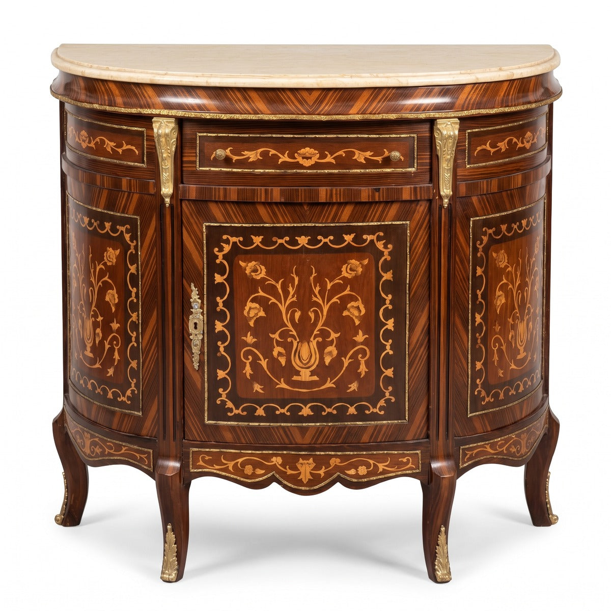 Casa Padrino Barock Sideboard Braun Intarsien / Creme - Handgefertigter Barockstil Massivholz Schrank mit Marmorplatte - Wohnzimmer Möbel im Barockstil - Antik Stil Möbel - Barock Möbel (KI Studio)