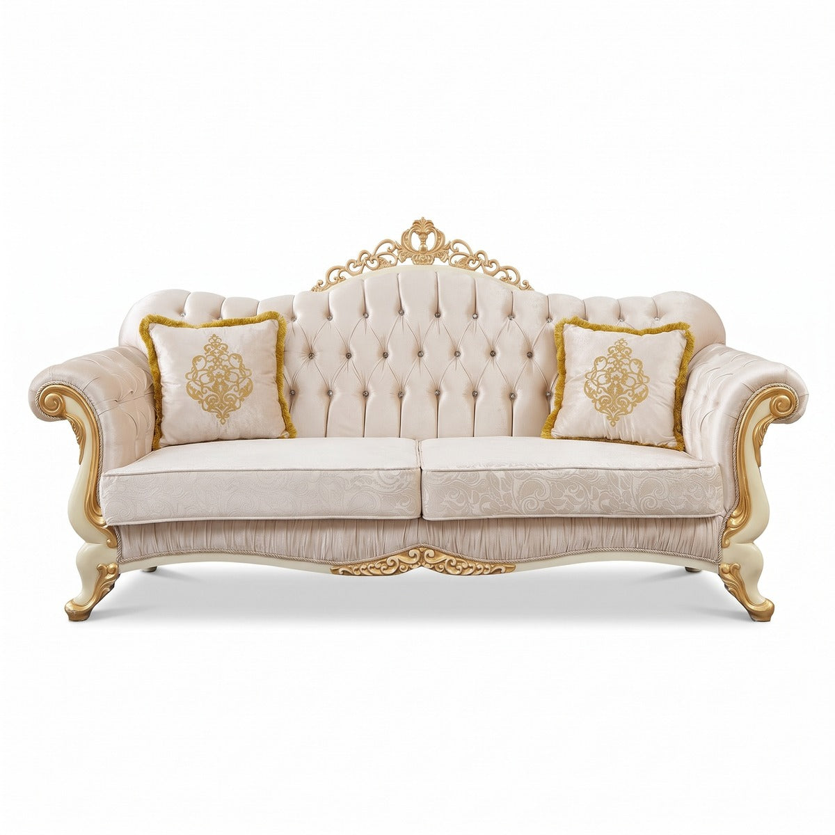 Casa Padrino Luxus Barock Sofa Silber / Creme / Gold - Barockstil Wohnzimmer Sofa mit Glitzersteinen - Luxus Wohnzimmer Möbel im Barockstil - Barock Möbel - Barock Einrichtung (KI Studio)