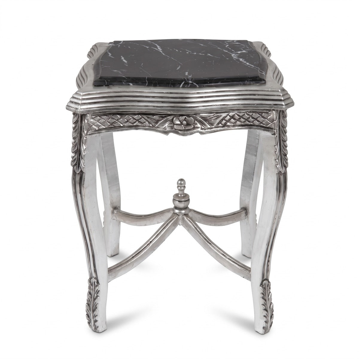Casa Padrino Barock Beistelltisch Silber / Schwarz - Handgefertigter Antik Stil Massivholz Tisch mit Marmorplatte - Wohnzimmer Möbel im Barockstil - Antik Stil Möbel - Barock Möbel (KI Studio)
