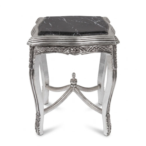 Casa Padrino Barock Beistelltisch Silber / Schwarz - Handgefertigter Antik Stil Massivholz Tisch mit Marmorplatte - Wohnzimmer Möbel im Barockstil - Antik Stil Möbel - Barock Möbel (KI Studio)
