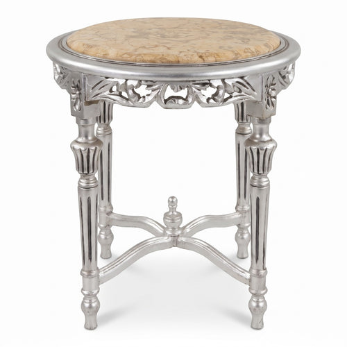 Casa Padrino Barock Beistelltisch Silber / Beige - Runder Antik Stil Massivholz Tisch mit Marmorplatte - Wohnzimmer Möbel im Barockstil - Antik Stil Möbel - Barock Möbel (KI Studio)