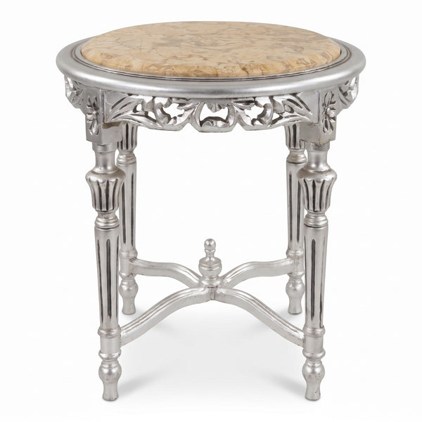 Casa Padrino table d'appoint baroque argent / beige - Table ronde en bois massif de style ancien avec plateau en marbre - Meuble de salon de style baroque - Meuble de style ancien - Meuble baroque