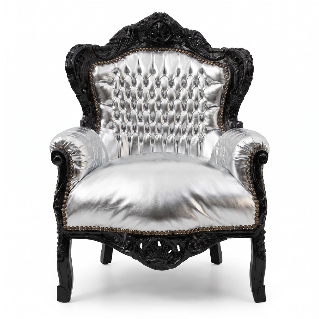 Casa Padrino Barock Sessel Silber / Schwarz - Handgefertigter Massivholz Wohnzimmer Sessel mit Kunstleder - Antik Stil Wohnzimmer Sessel - Barock Wohnzimmer Möbel (KI Studio)