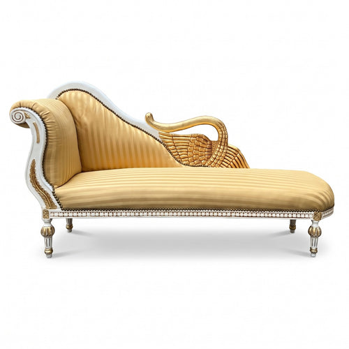 Casa Padrino Barock Chaiselongue Linke Seite Gold / Weiß / Gold - Handgefertigte Massivholz Recamiere mit Streifen - Barock Wohnzimmer Möbel - Edel & Prunkvoll (KI Studio)