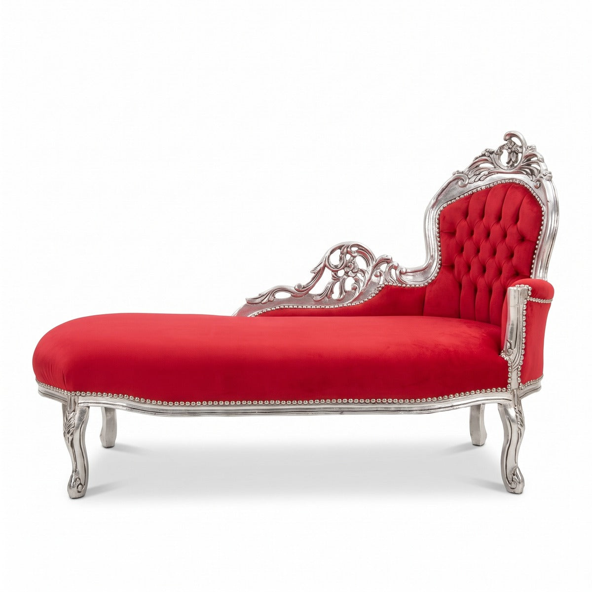 Casa Padrino Barock Chaiselongue Rechte Seite Rot / Silber - Handgefertigte Massivholz Recamiere - Barock Wohnzimmer Möbel - Edel & Prunkvoll (KI Studio)