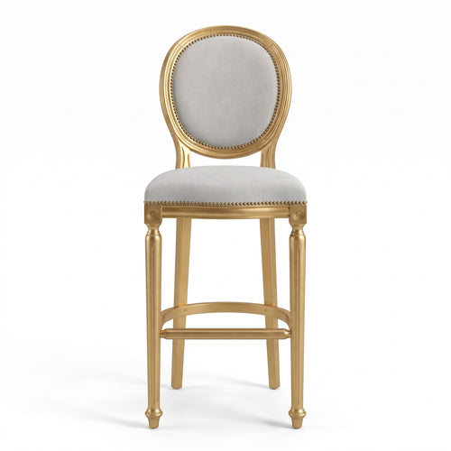 Casa Padrino Barock Barstuhl Hellgrau / Gold - Handgefertigter Massivholz Barhocker mit edlem Samtstoff - Barock Bar Möbel - Edel & Prunkvoll (KI Studio)