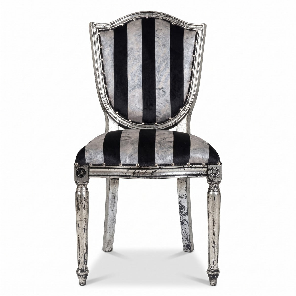 Casa Padrino Luxus Art Deco Esszimmer Stuhl Silber / Schwarz / Antik Silber - Eleganter Massivholz Stuhl mit Streifen - Art Deco Esszimmer Möbel (KI Studio)