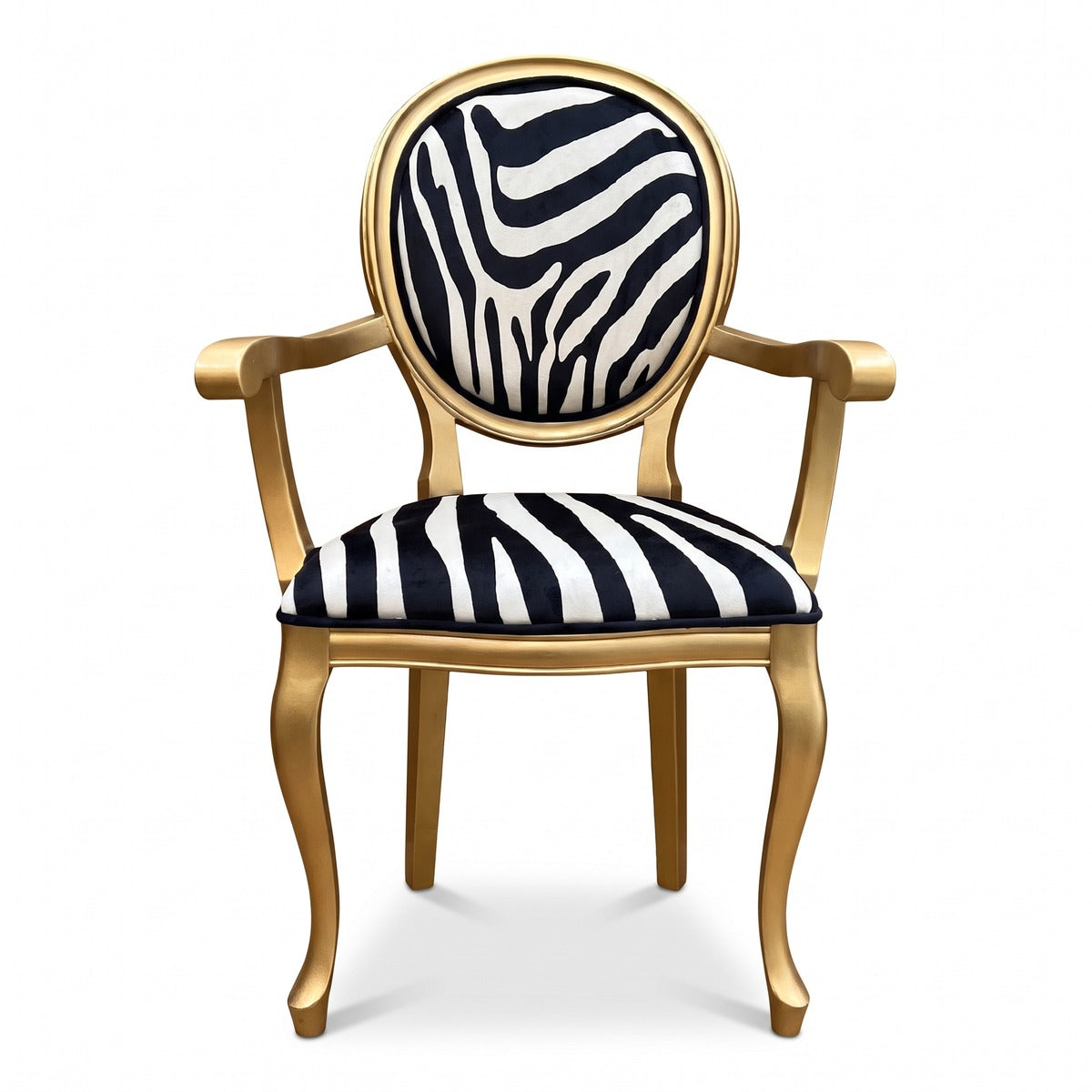 Casa Padrino Luxus Barock Esszimmer Stuhl Zebra / Gold - Handgefertigter Barockstil Stuhl mit Armlehnen und edlem Samtstoff - Esszimmer Möbel im Barockstil (KI Studio)