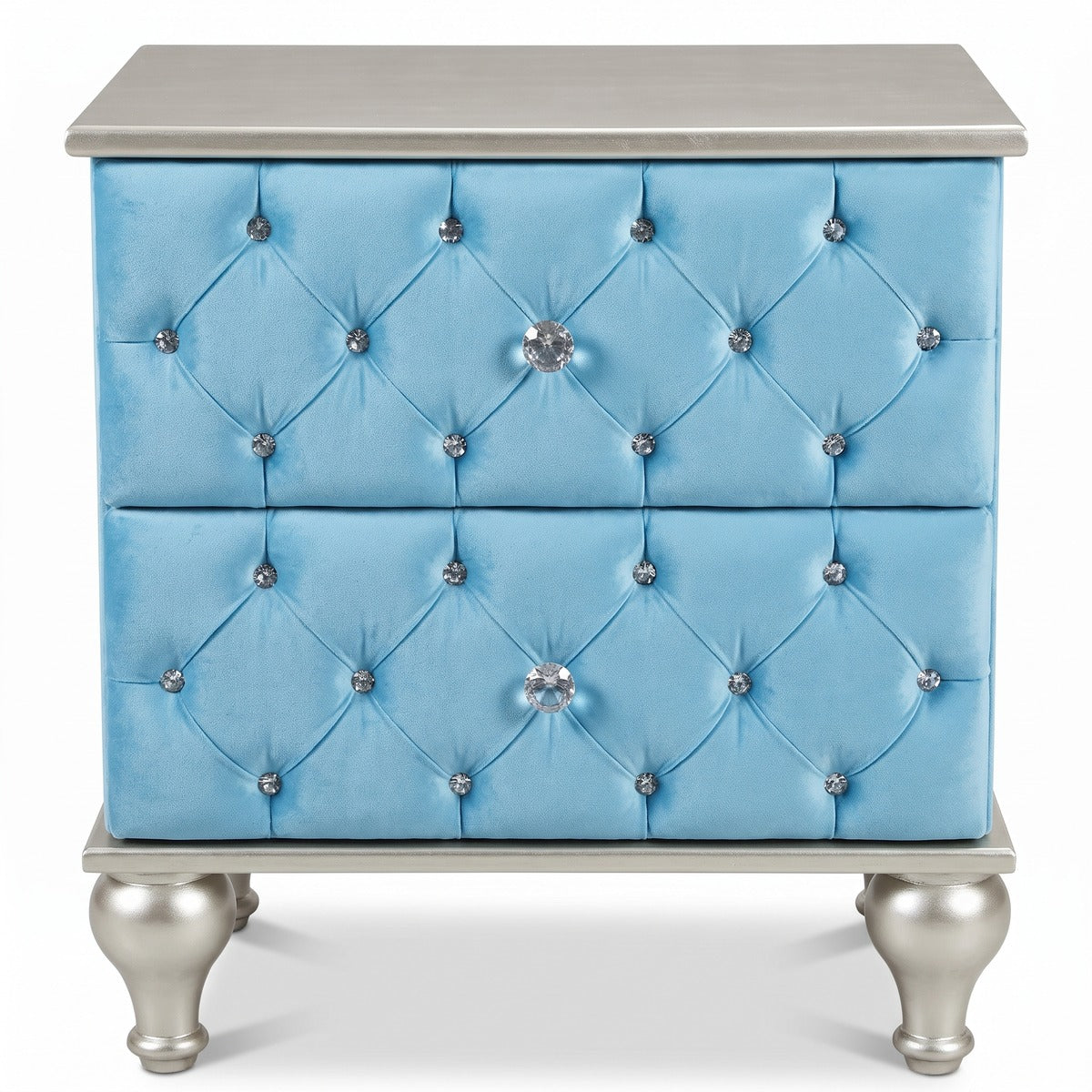 Casa Padrino Barock Nachtkommode mit 2 Schubladen und Glitzersteinen Hellblau / Silber - Barockstil Nachttisch - Barock Möbel - Schlafzimmer Möbel im Barockstil - Edel & Prunkvoll (KI Studio)