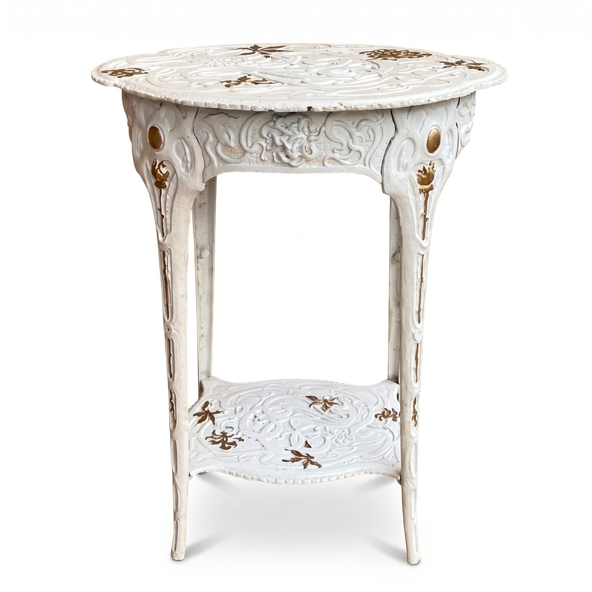 Casa Padrino Jugendstil Garten Deko Beistelltisch Weiß / Gold 46,6 x 36 x H. 60,4 cm - Nostalgischer Gusseisen Blumentisch - Barock & Jugendstil Garten Möbel (KI Studio)