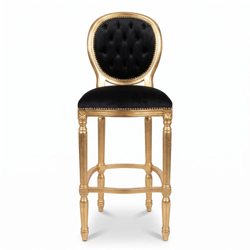 Casa Padrino Barock Barstuhl Schwarz / Gold - Prunkvoller Barockstil Massivholz Barhocker mit edlem Samtstoff - Barock Bar Möbel (KI Studio)