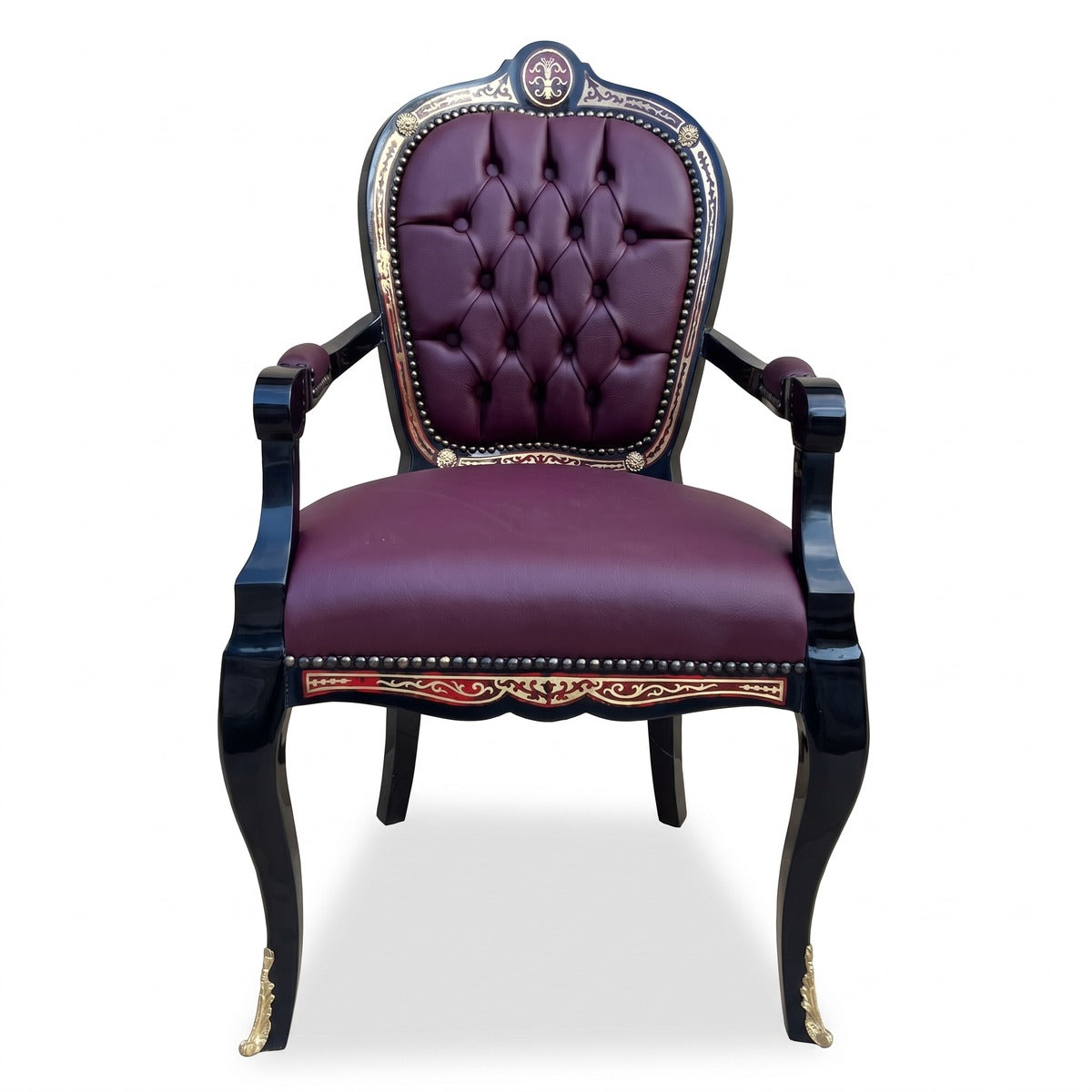 Casa Padrino Barock Boulle Esszimmer Stuhl mit Armlehnen Lila / Schwarz / Rot / Gold - Prunkvoller Schreibtisch Stuhl mit edlem Kunstleder - Esszimmer Möbel im Barockstil - Barock Boulle Möbel (KI Studio)