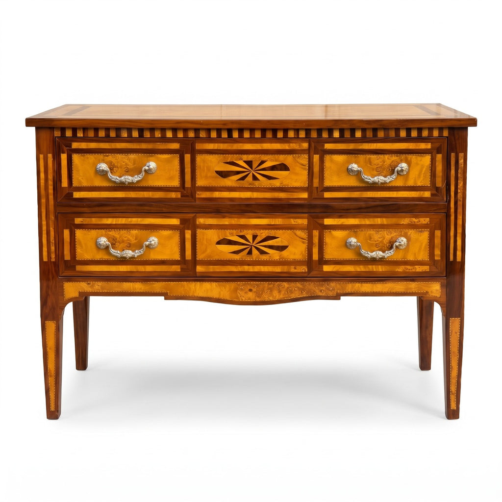 Casa Padrino Biedermeier Kommode mit 2 Schubladen Braun / Naturfarben / Silber - Handgefertigte Massivholz Kommode - Biedermeier Schlafzimmer Möbel (KI Studio)