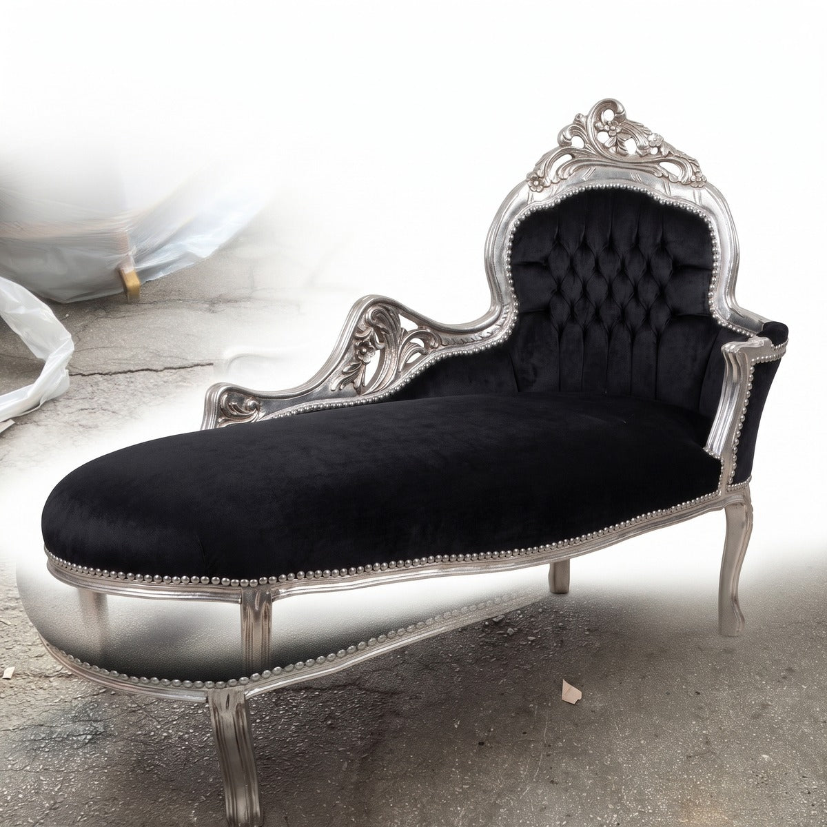 Casa Padrino Barock Chaiselongue Schwarz / Silber 155 cm - Barock Möbel (KI Studio)